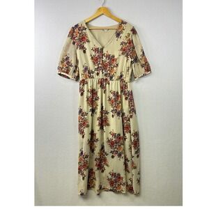eyeshadows‎ floral print midi dress cream v-neck button front elastic waist XL